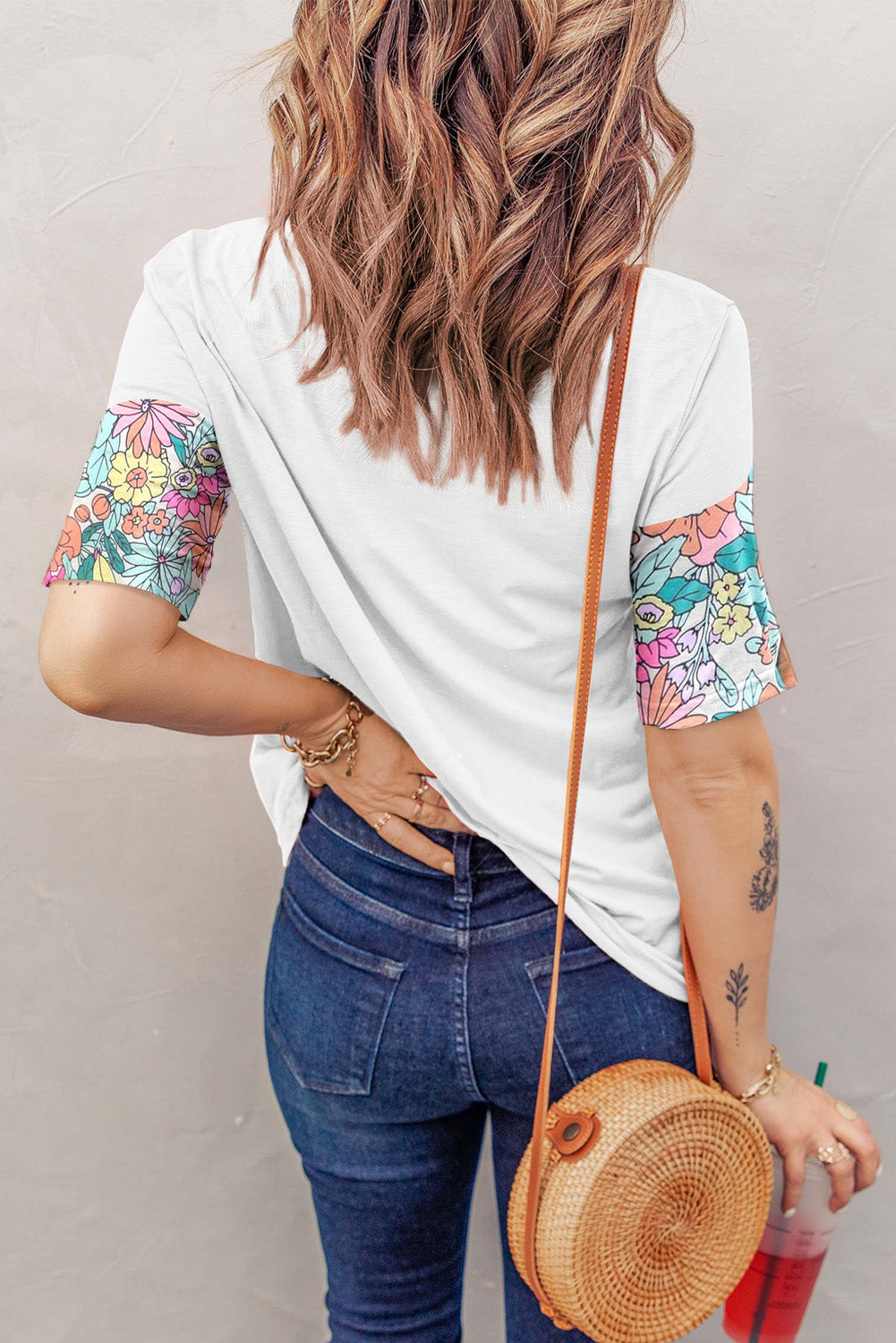 White Floral Print Patchwork Short Sleeve Top - My Store
