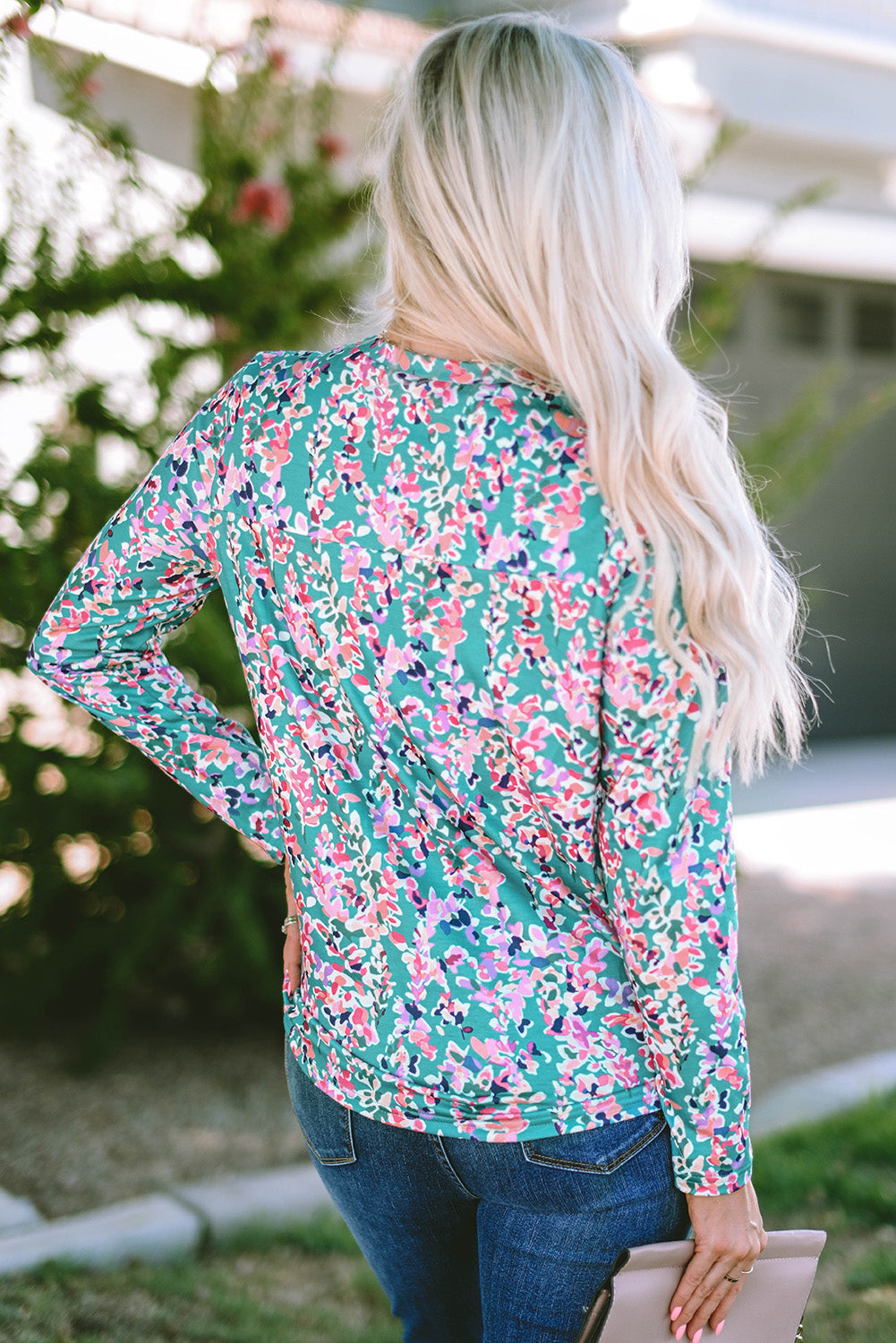 Green Floral Pleated Round Neck Long Sleeve Blouse - My Store