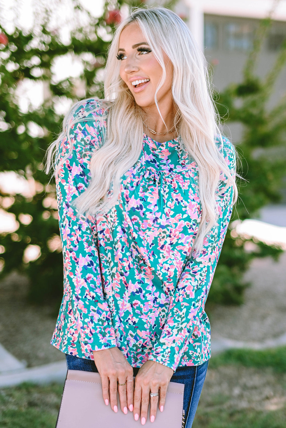 Green Floral Pleated Round Neck Long Sleeve Blouse - My Store