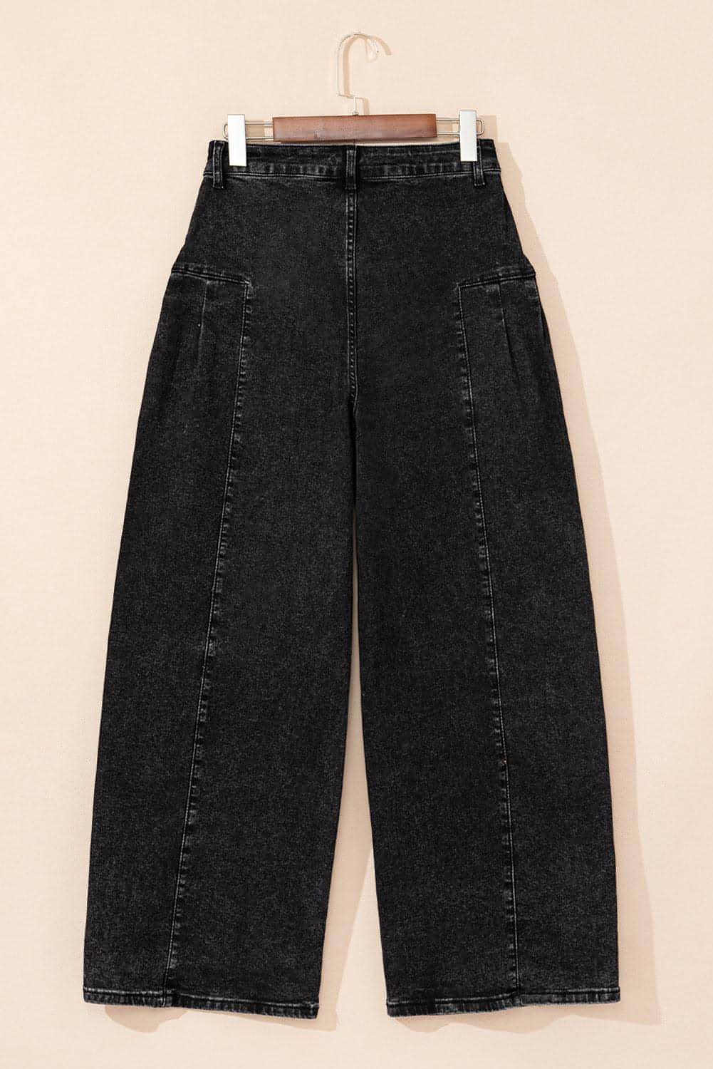 Dark Grey Pleated Wide Leg Mineral Wash Denim Pants - My Store