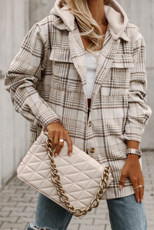 Khaki Plaid Removable Hood Buttoned Shacket Sto - My Store