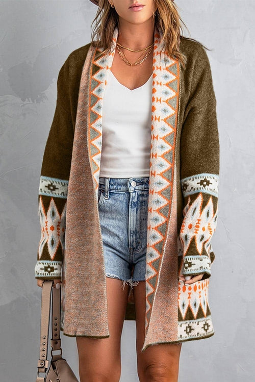 Brown Aztec Print Open Front Knitted Cardigan - My Store