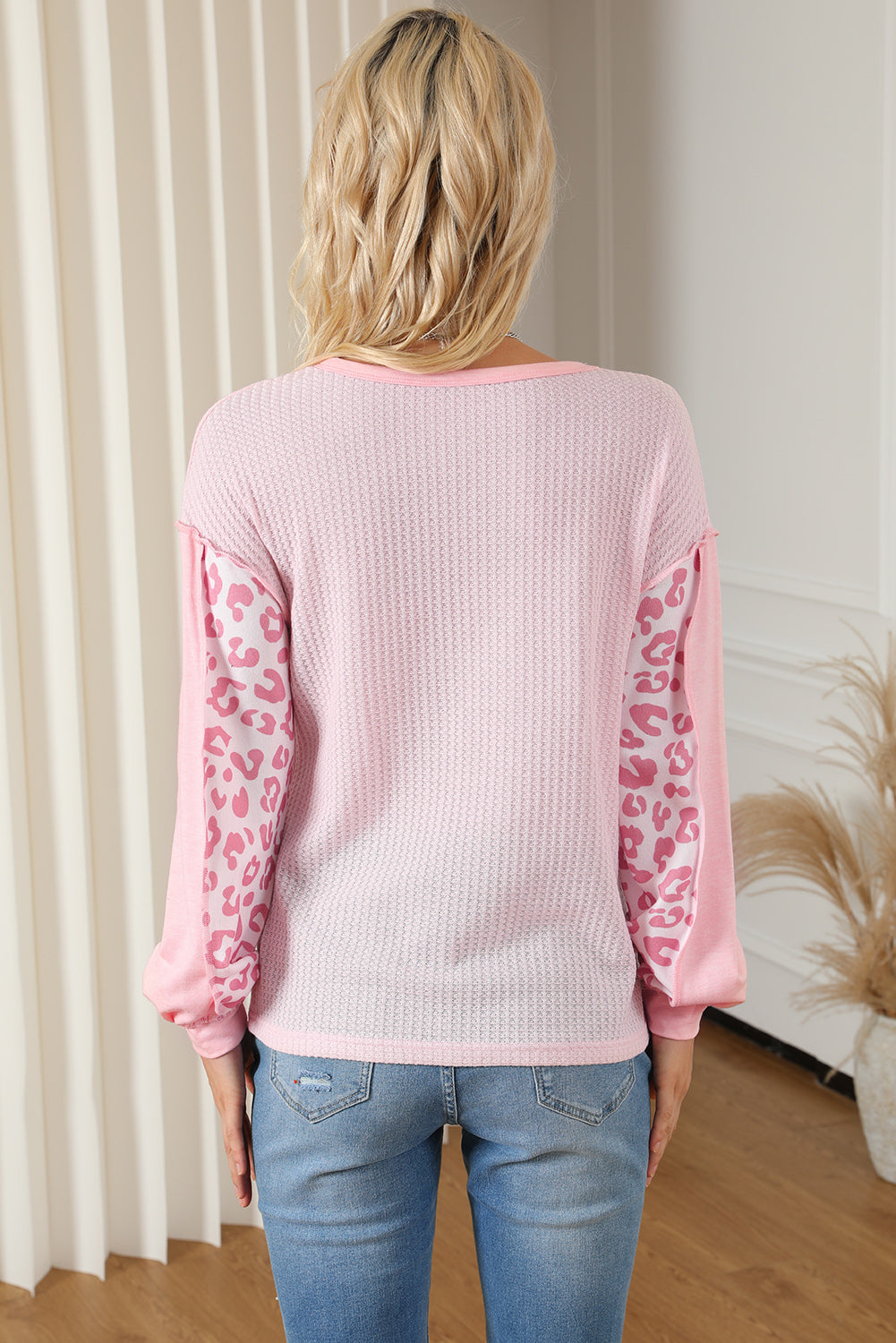 Pink Leopard Patchwork Exposed Seam Waffle Knit Top - My Store