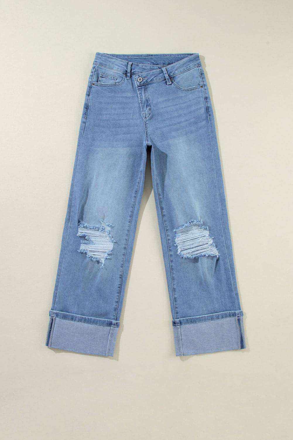 Dusk Blue High Rise Asymmetric Button Zip Fly Ripped Jeans - My Store