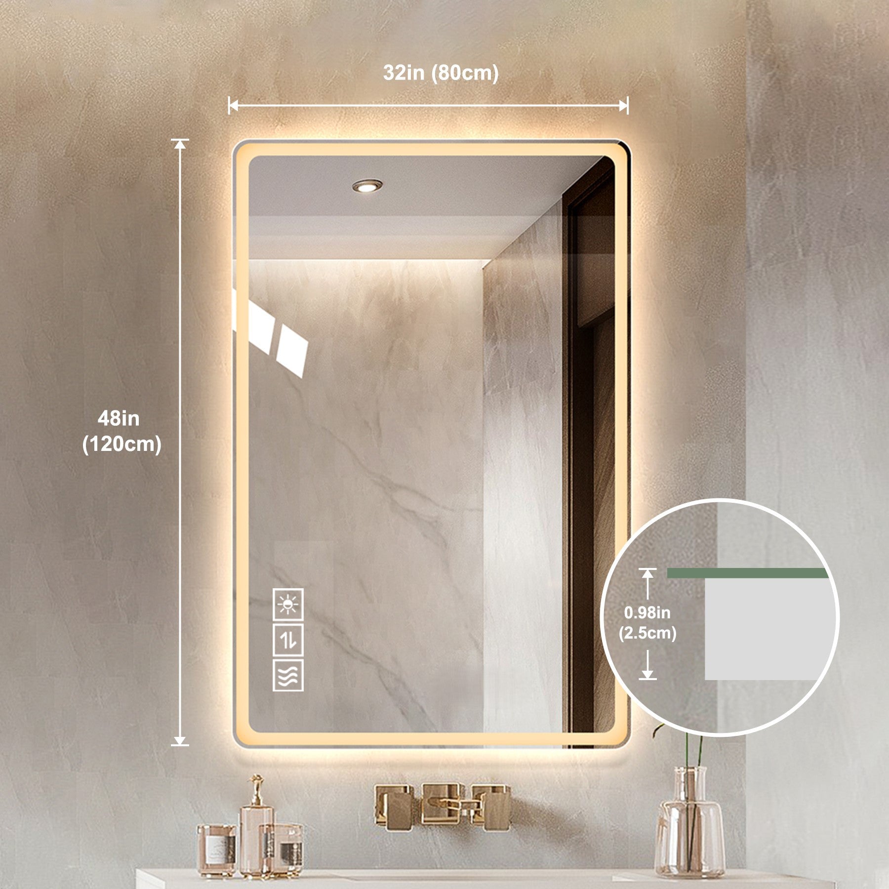 48*32 Inch Bathroom Mirror With Led Lights , Anti-Fog Lighted Vanity Mirrors for Wall Mounted, 3 Colors and 5 Level Dimm