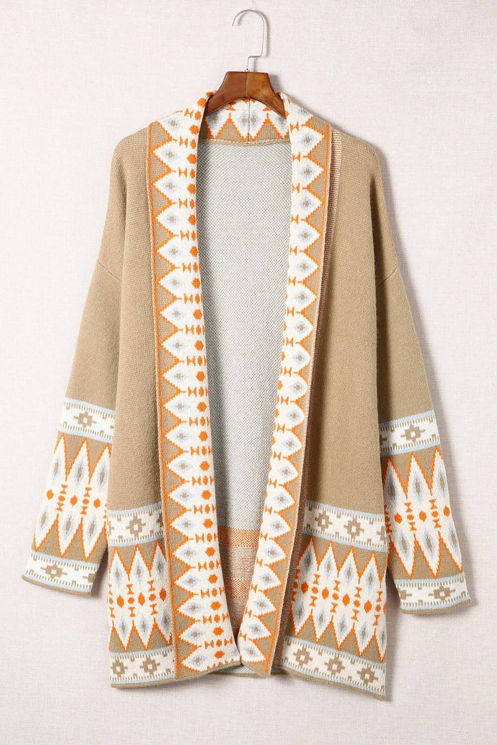 Khaki Aztec Print Open Front Knitted Cardigan - My Store