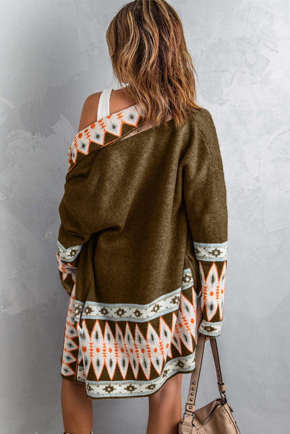 Brown Aztec Print Open Front Knitted Cardigan - My Store