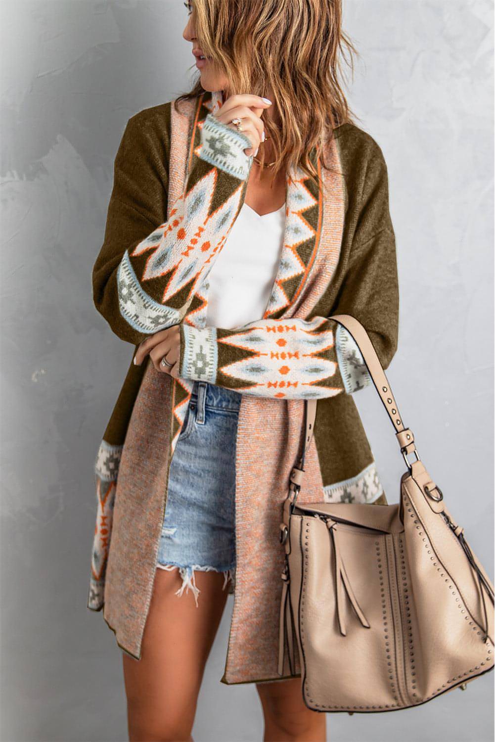 Brown Aztec Print Open Front Knitted Cardigan - My Store