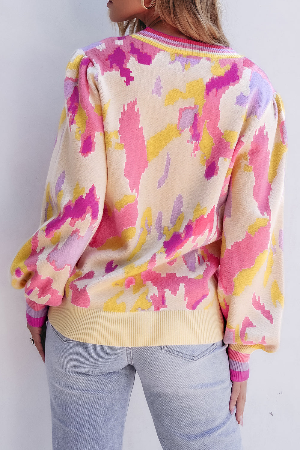 Khaki Abstract Print Colorblock Balloon Sleeve Sweater - My Store
