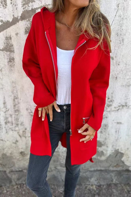 Fiery Red Solid Color Casual Zip up Hooded Coat - My Store