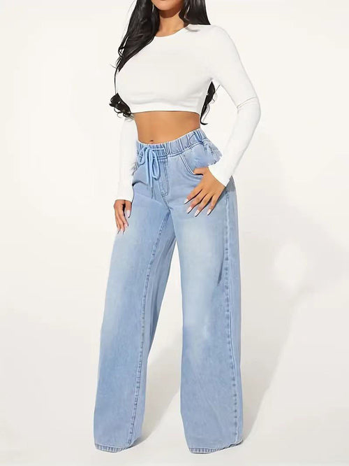 25 Edition – High Waist Drawstring Wide Leg Jeans – Light Blue - My Store