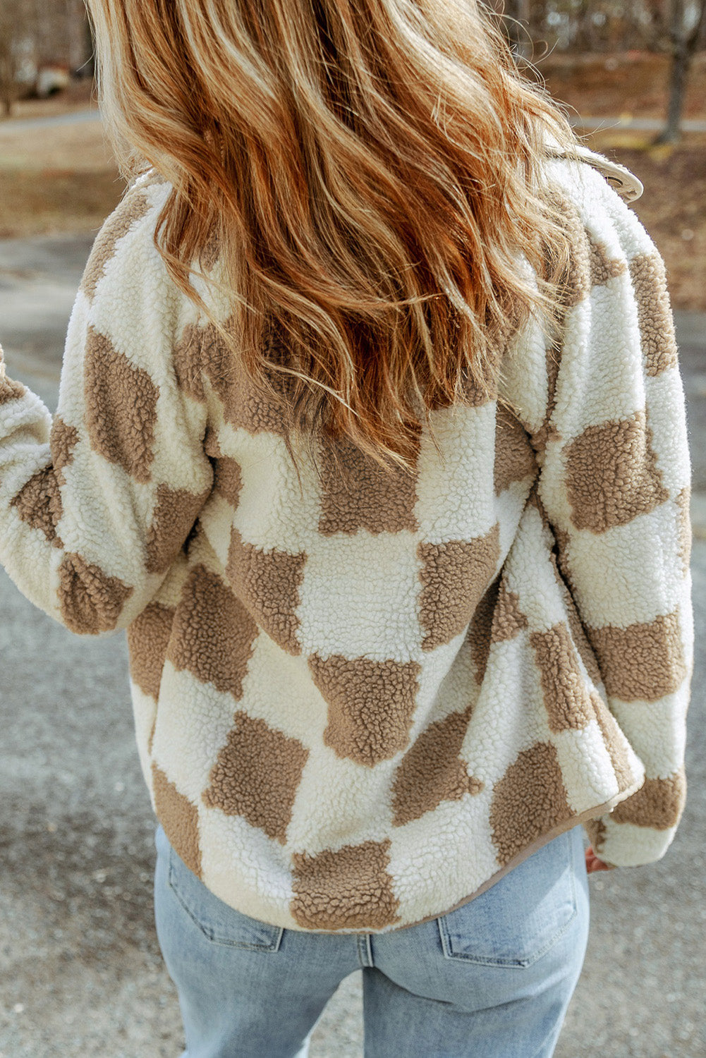 Brown Checked Snap Button Sherpa Jacket - My Store