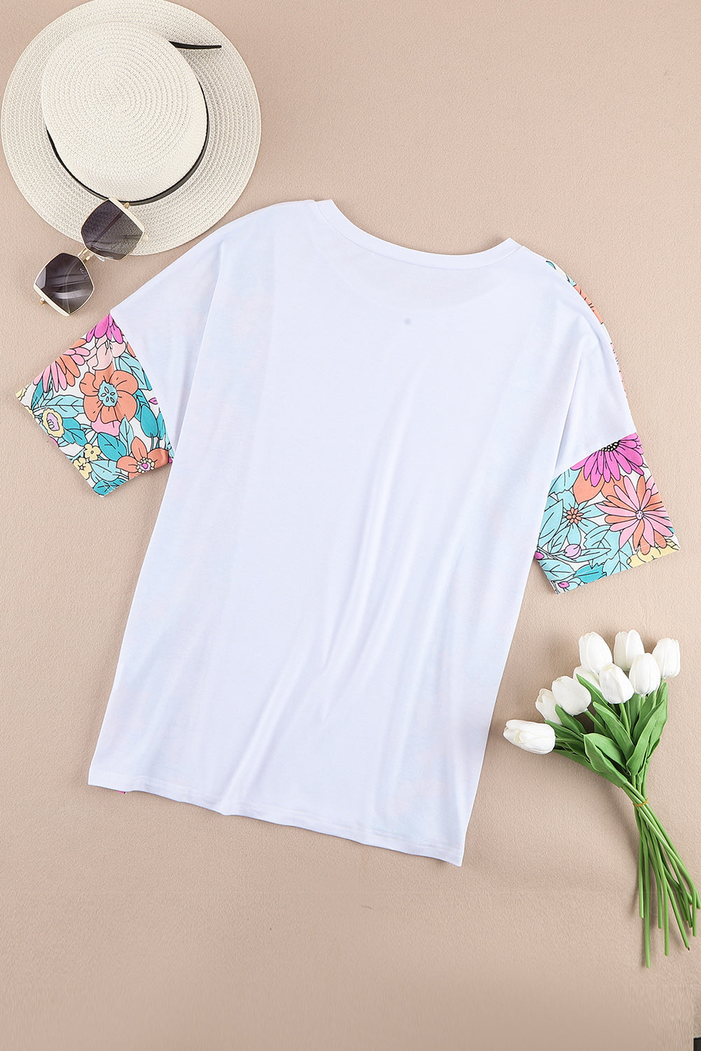 White Floral Print Patchwork Short Sleeve Top - My Store