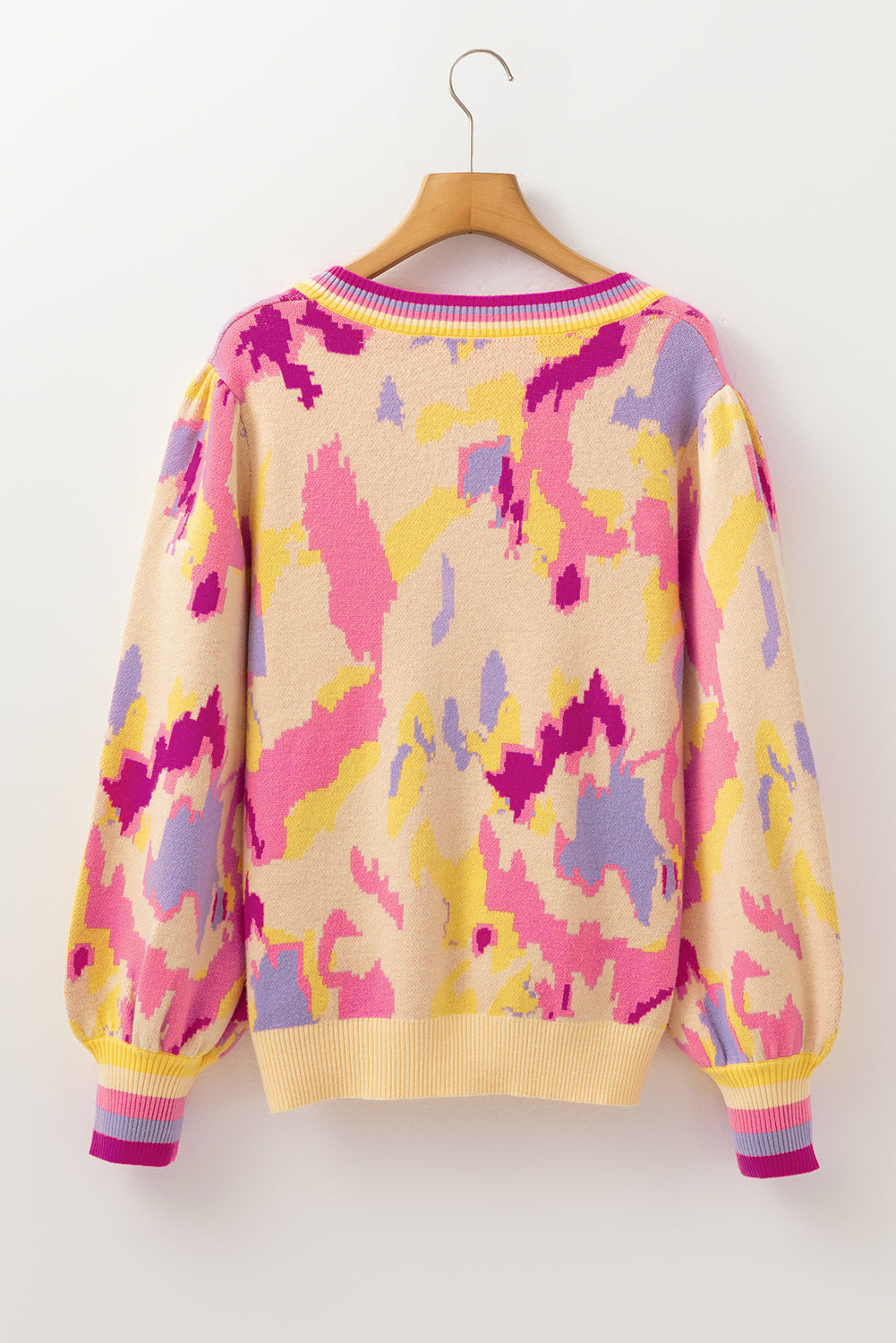 Khaki Abstract Print Colorblock Balloon Sleeve Sweater - My Store