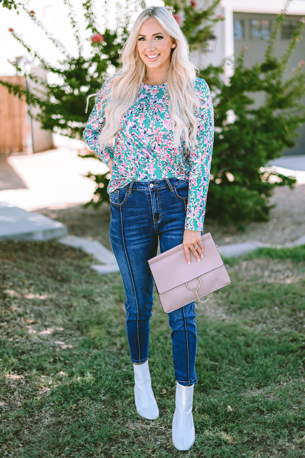 Green Floral Pleated Round Neck Long Sleeve Blouse - My Store