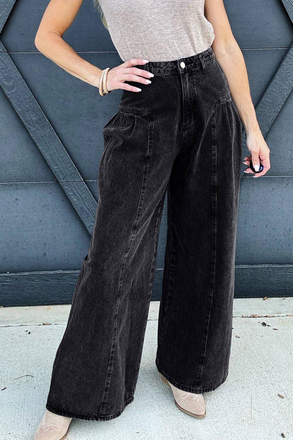 Dark Grey Pleated Wide Leg Mineral Wash Denim Pants - My Store
