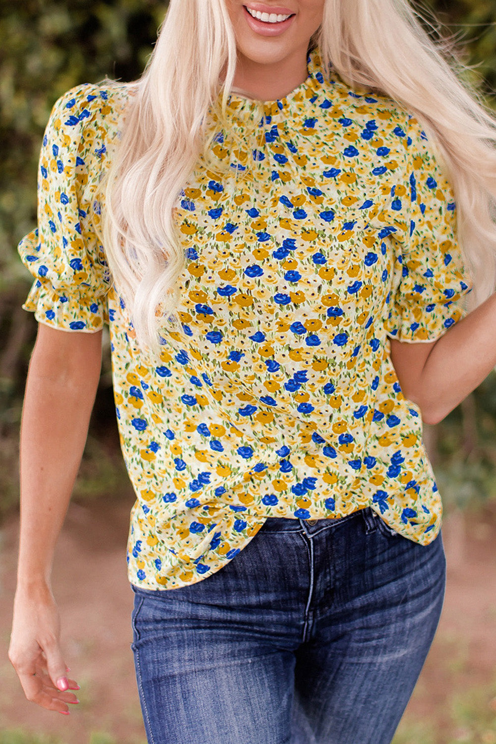 Yellow Boho Floral Ruffle Short Sleeve Frill Mock Neck Blouse - My Store