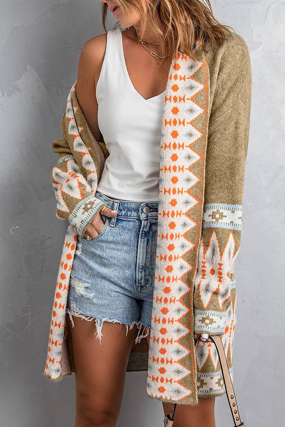 Khaki Aztec Print Open Front Knitted Cardigan - My Store