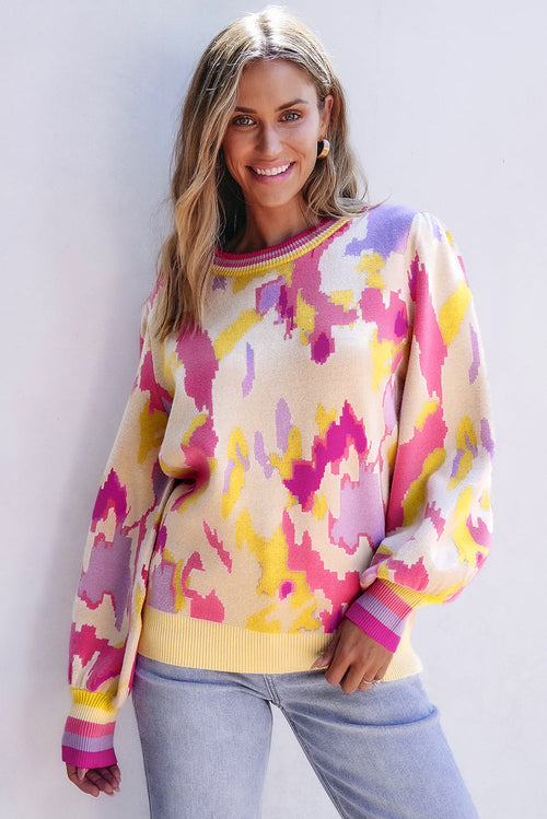Khaki Abstract Print Colorblock Balloon Sleeve Sweater - My Store