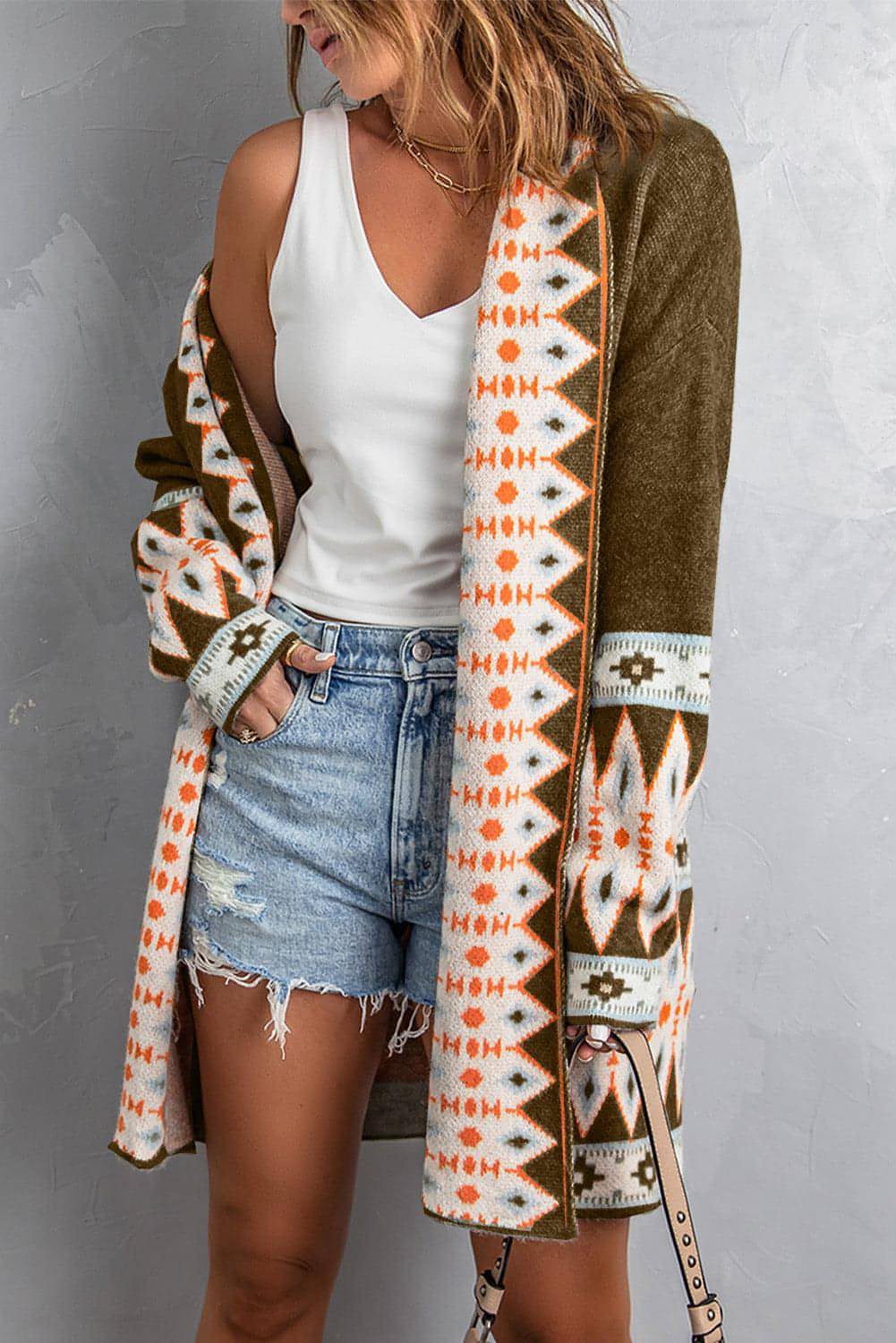 Brown Aztec Print Open Front Knitted Cardigan - My Store