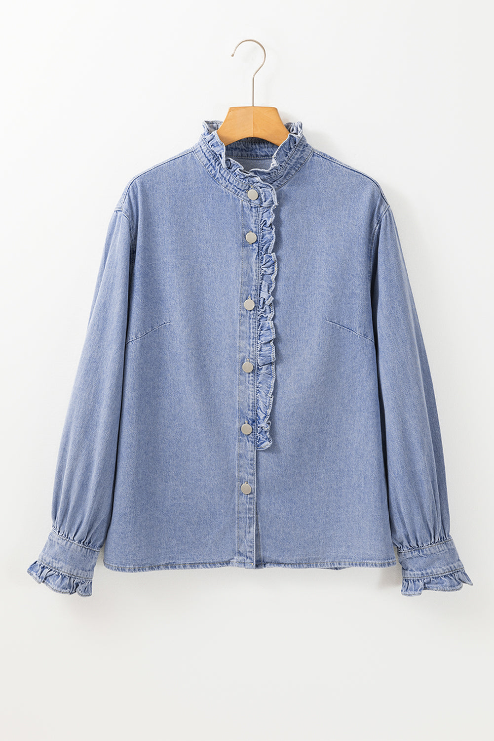 Beau Blue Ruffled Long Sleeve Buttoned Denim Shirt - My Store