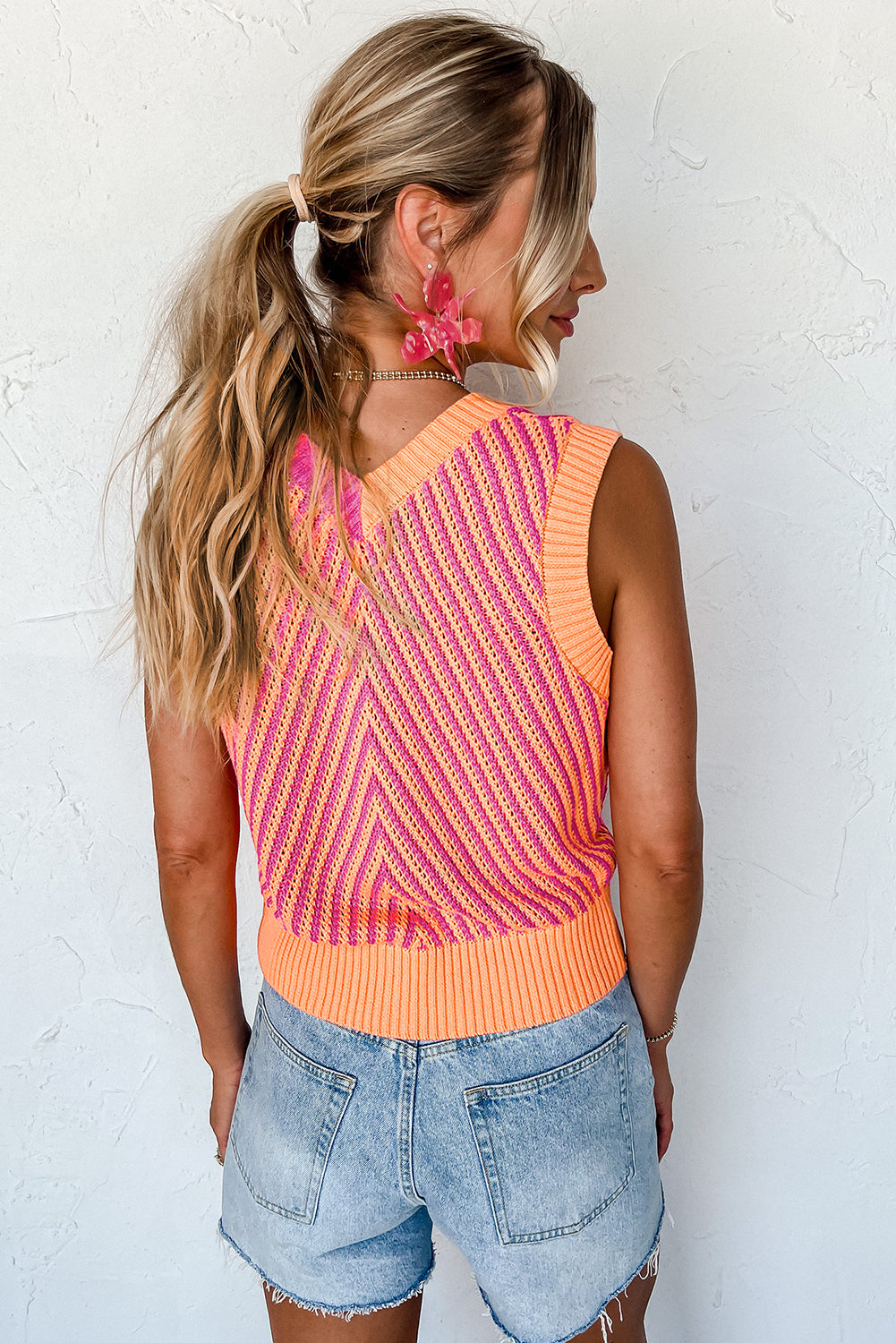 Strawberry Pink Contrast Chevron Knit V Neck Sweater Vest - My Store