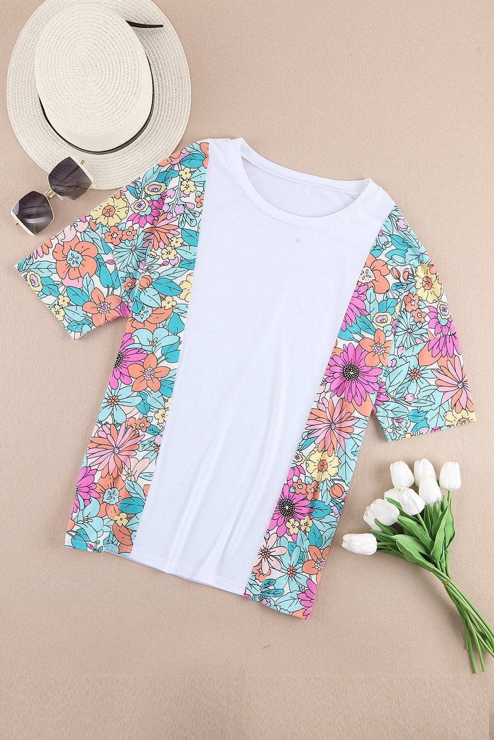 White Floral Print Patchwork Short Sleeve Top - My Store