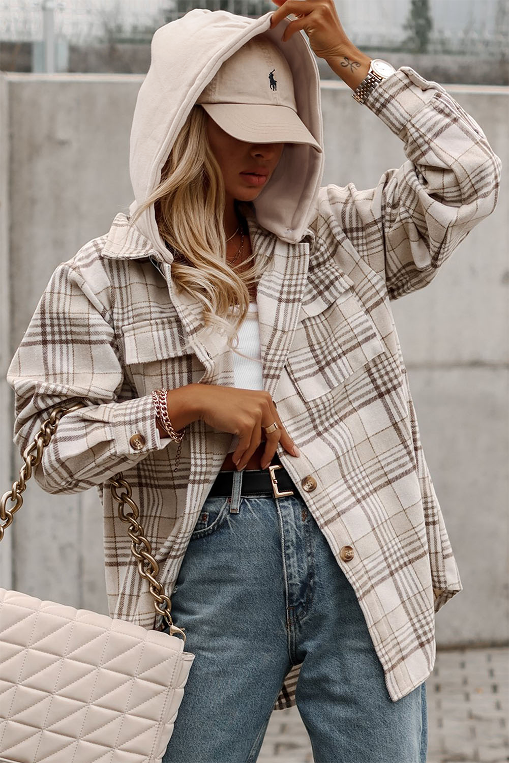 Khaki Plaid Removable Hood Buttoned Shacket Sto - My Store
