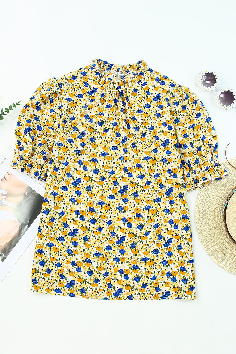 Yellow Boho Floral Ruffle Short Sleeve Frill Mock Neck Blouse - My Store