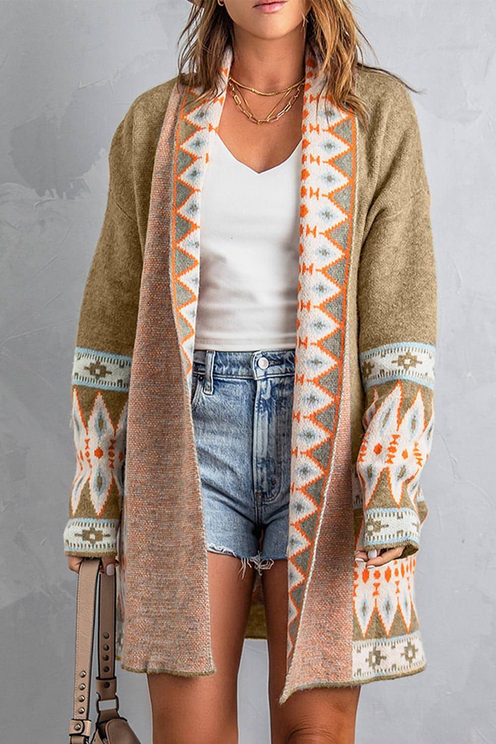 Khaki Aztec Print Open Front Knitted Cardigan - My Store