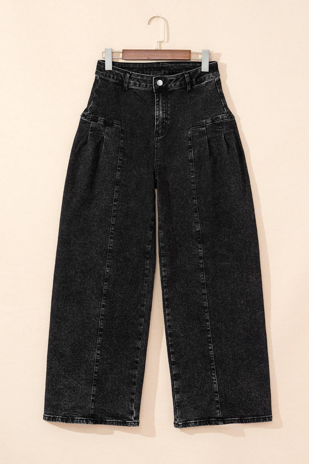 Dark Grey Pleated Wide Leg Mineral Wash Denim Pants - My Store