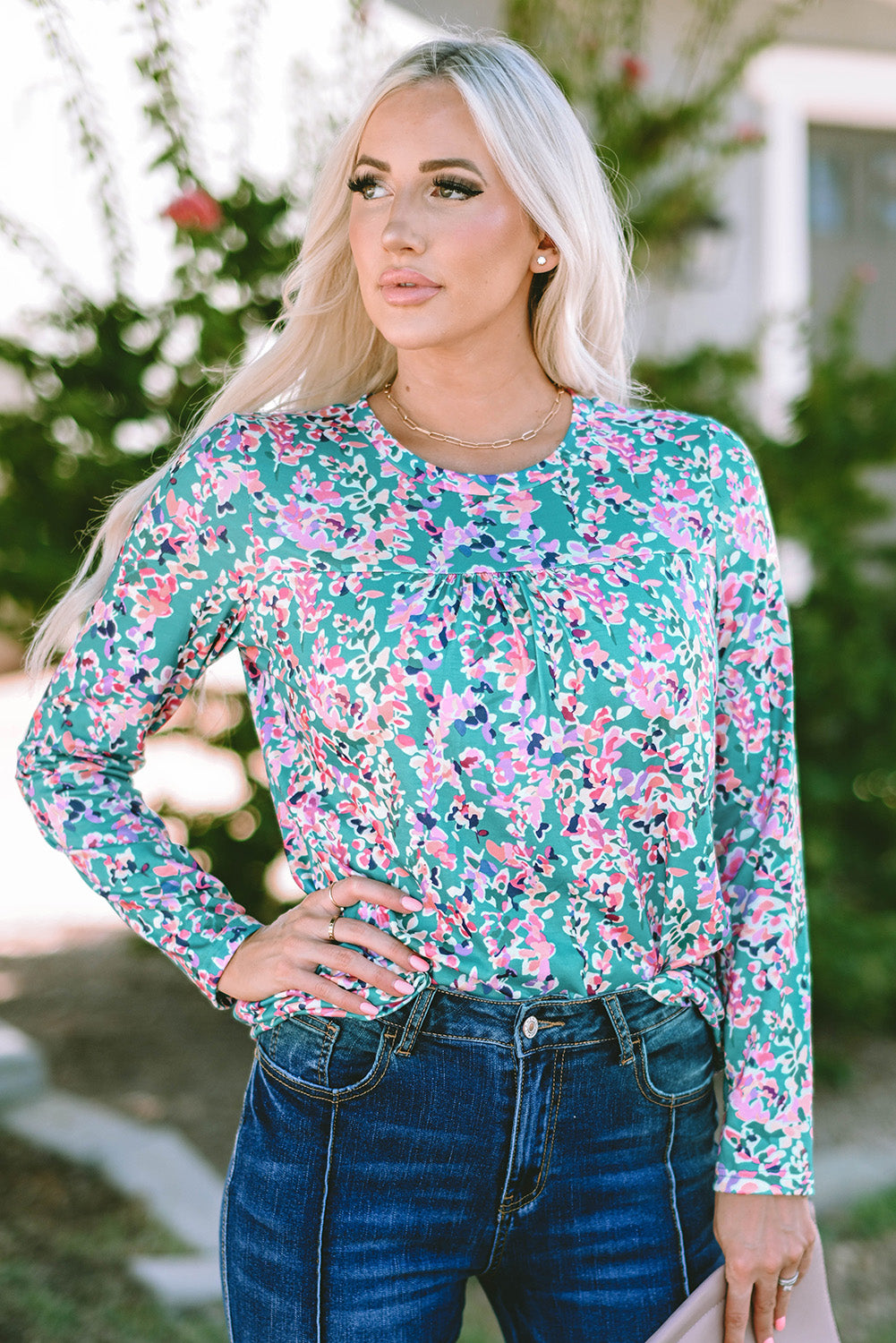 Green Floral Pleated Round Neck Long Sleeve Blouse - My Store