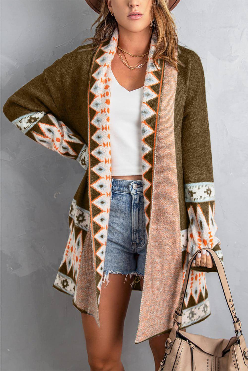 Brown Aztec Print Open Front Knitted Cardigan - My Store