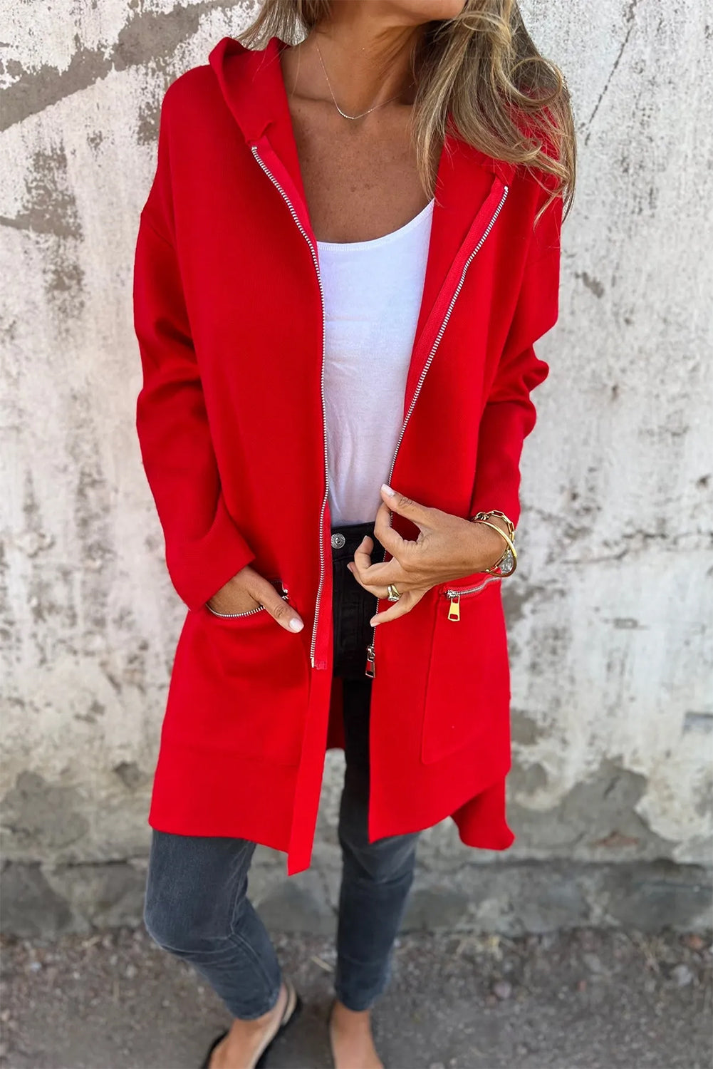 Fiery Red Solid Color Casual Zip up Hooded Coat - My Store