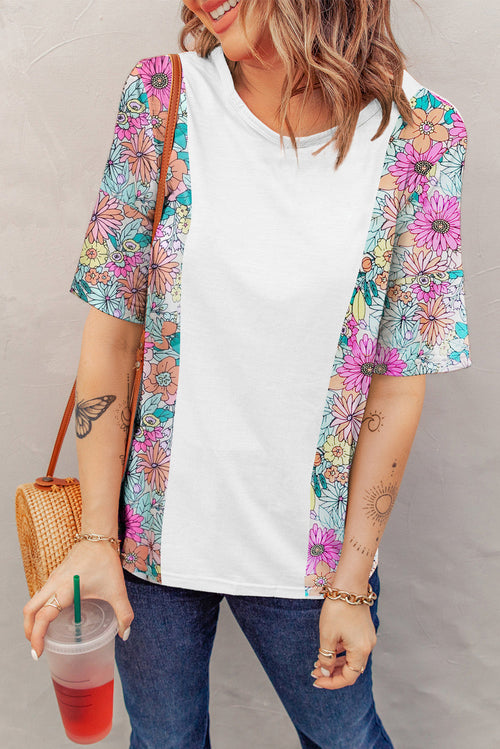 White Floral Print Patchwork Short Sleeve Top - My Store
