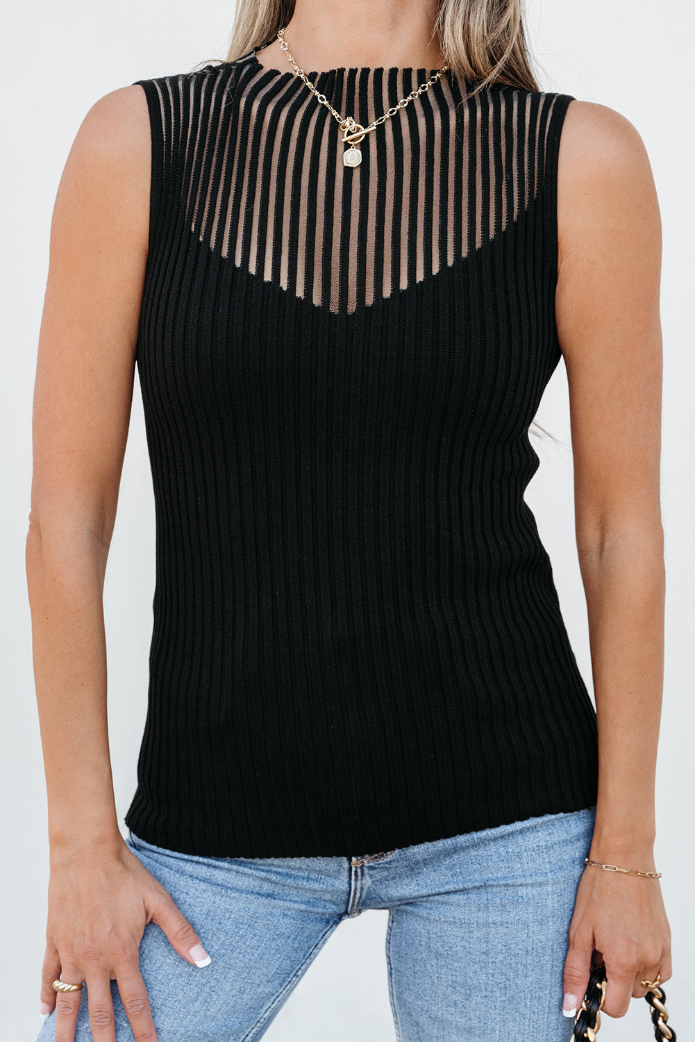 Black Ribbed Texture Mesh Cutout Knitted Sweater Vest - My Store