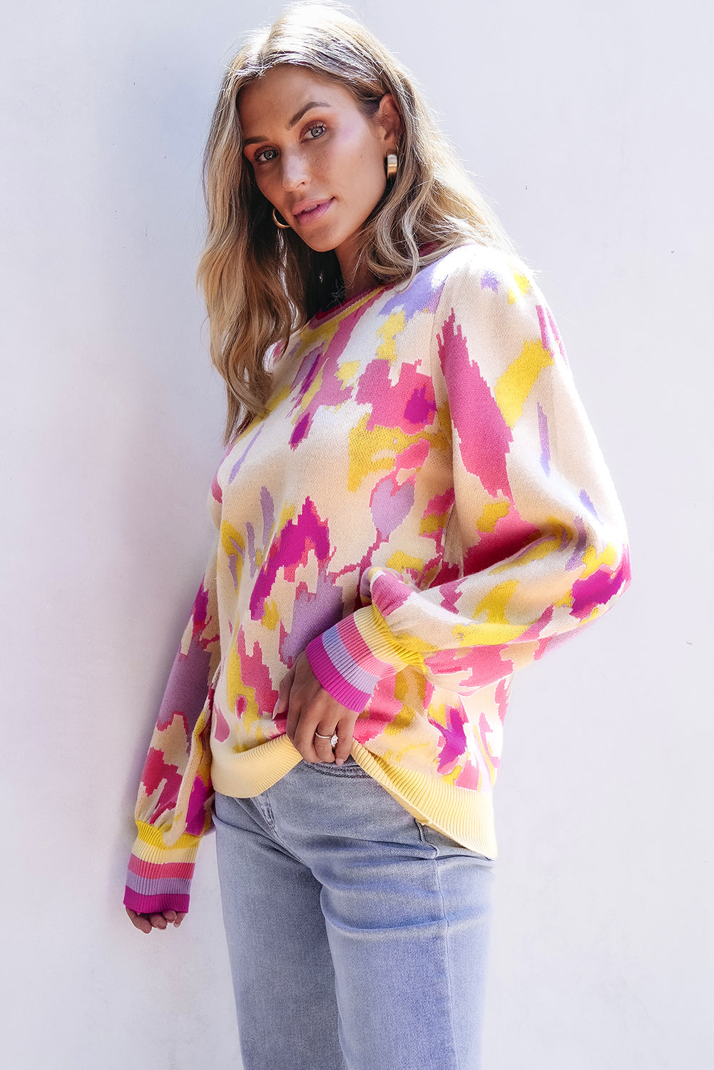 Khaki Abstract Print Colorblock Balloon Sleeve Sweater - My Store