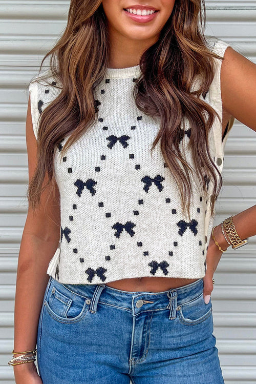 White Bow Pattern Buttoned Side Cropped Sweater Vest - My Store