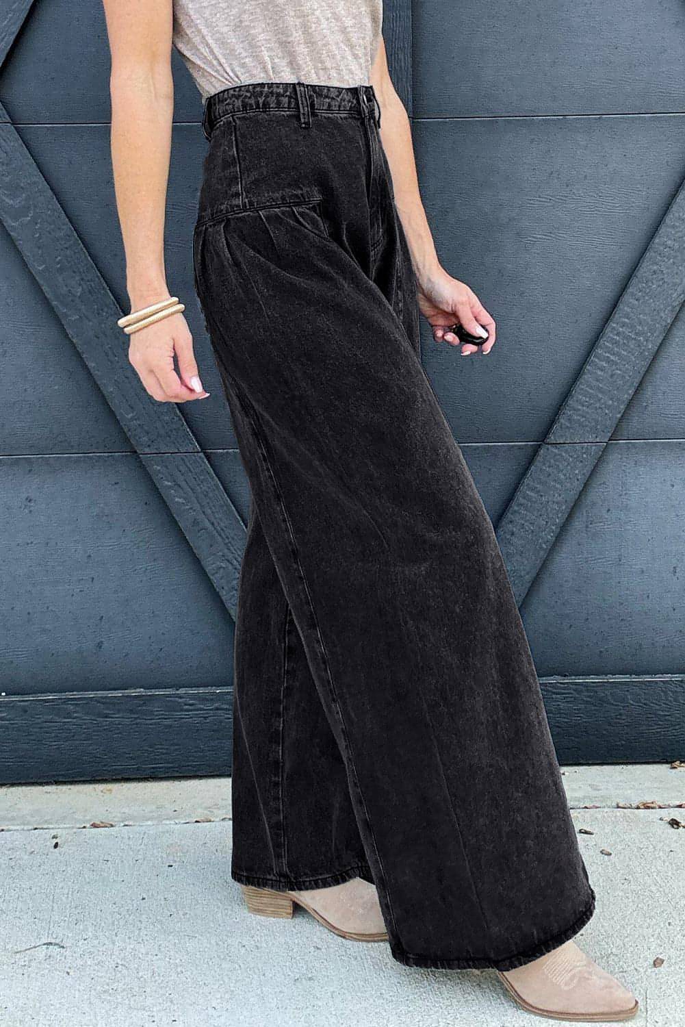 Dark Grey Pleated Wide Leg Mineral Wash Denim Pants - My Store
