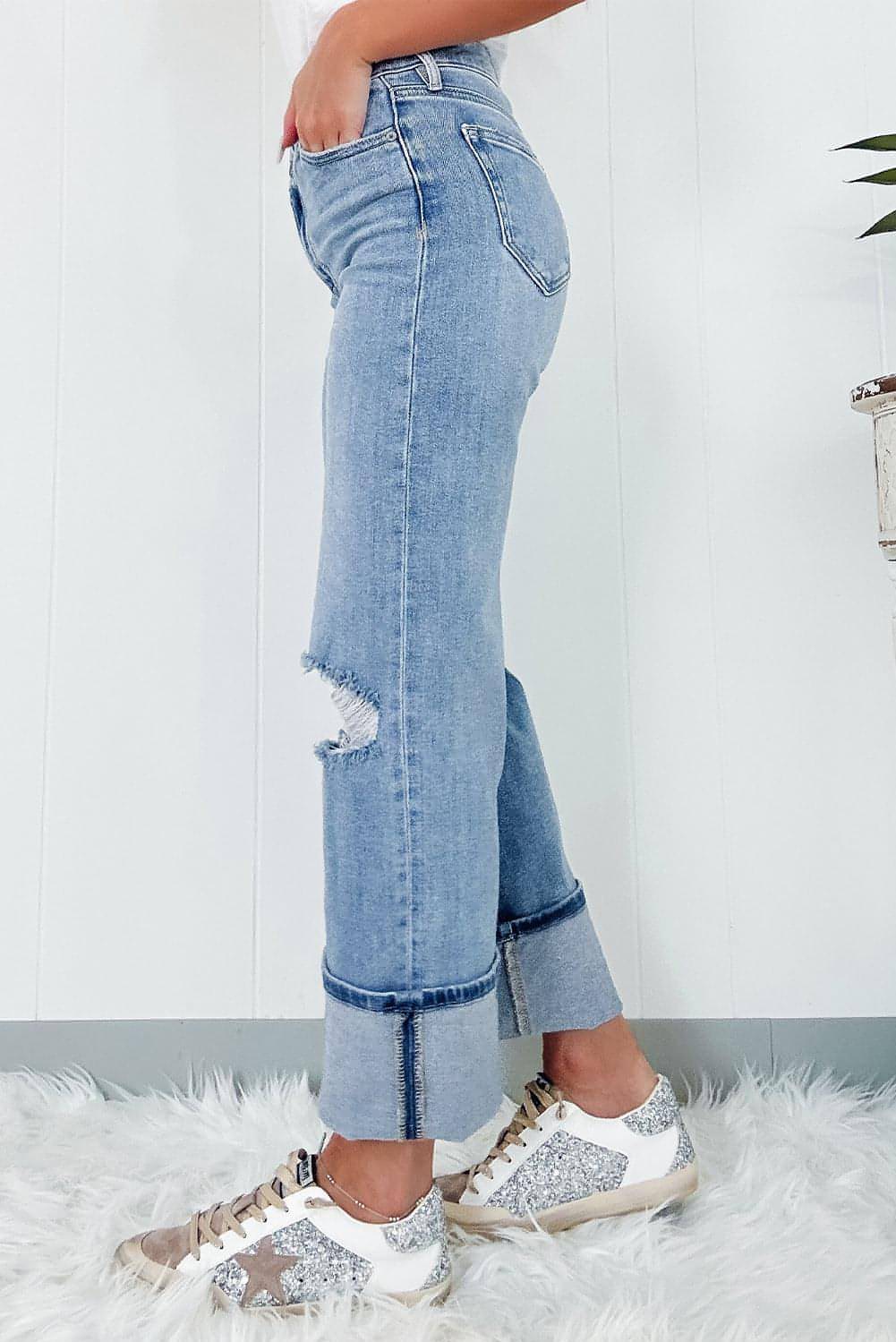 Dusk Blue High Rise Asymmetric Button Zip Fly Ripped Jeans - My Store