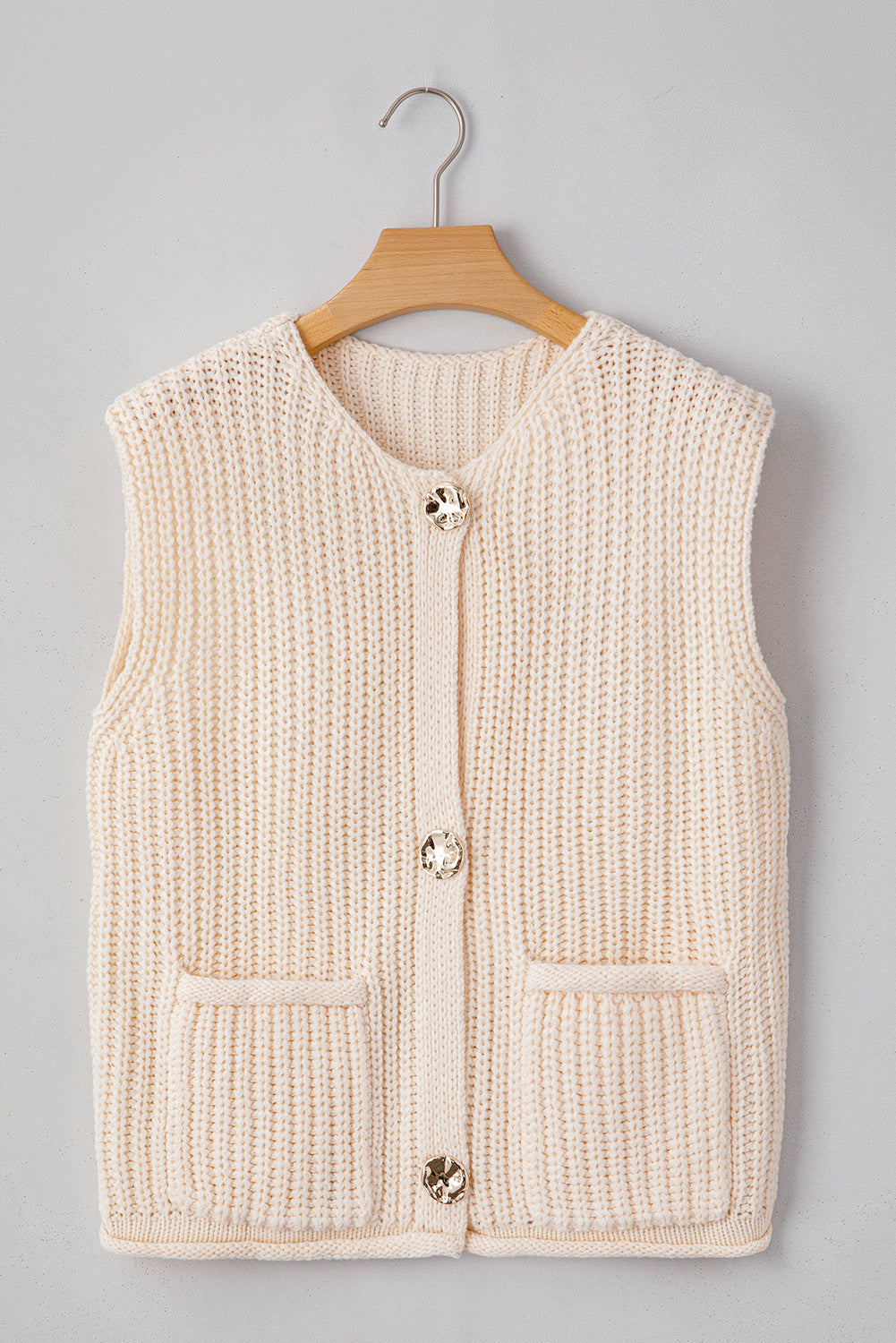White Solid Textured Knit Side Pockets Buttoned Sweater Vest - My Store