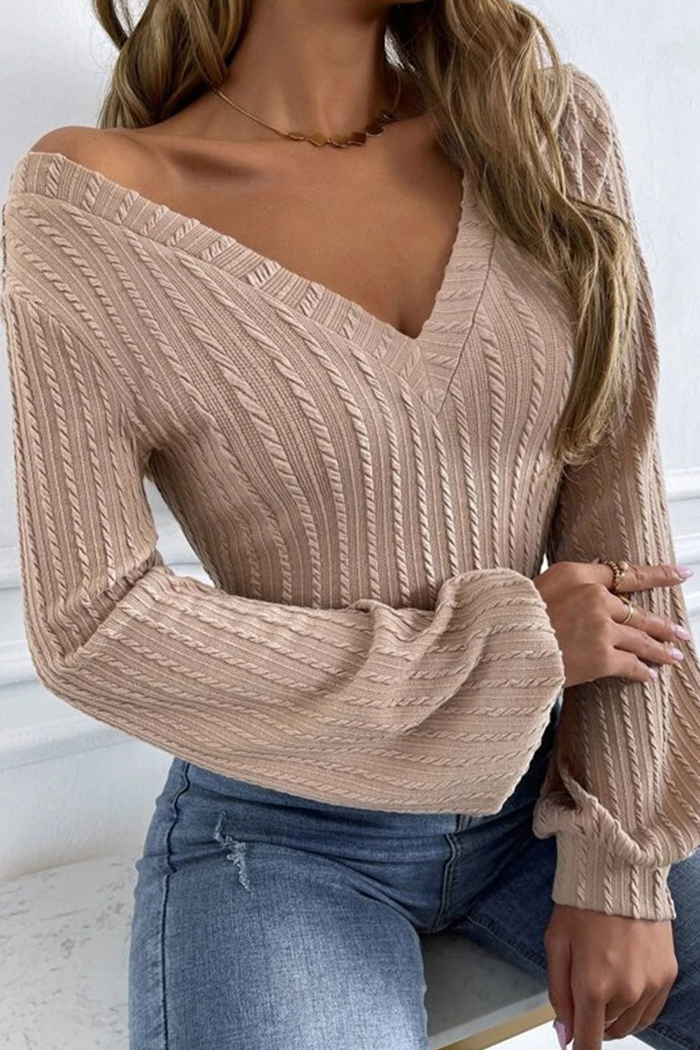 Khaki Knitted Jacquard V Neck Lantern Sleeve Top - My Store