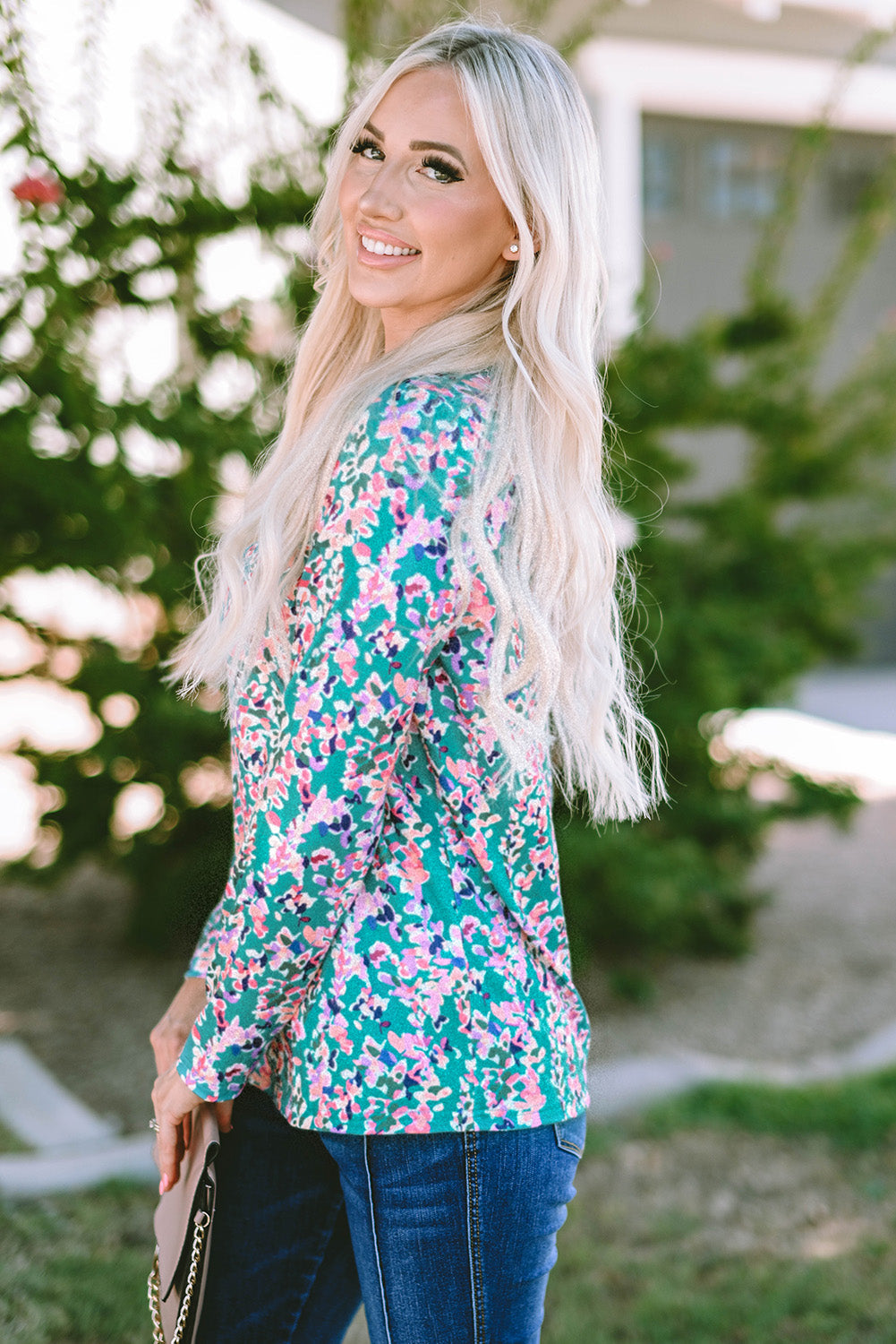 Green Floral Pleated Round Neck Long Sleeve Blouse - My Store