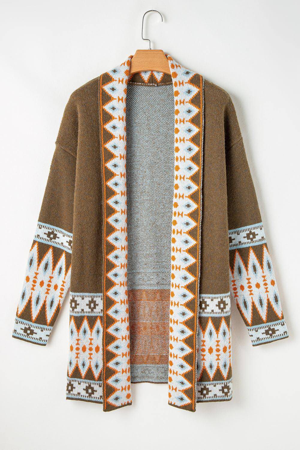 Brown Aztec Print Open Front Knitted Cardigan - My Store
