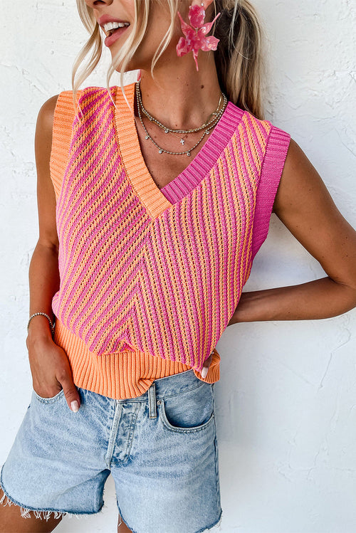 Strawberry Pink Contrast Chevron Knit V Neck Sweater Vest - My Store