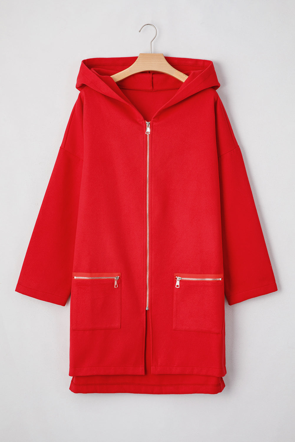 Fiery Red Solid Color Casual Zip up Hooded Coat - My Store
