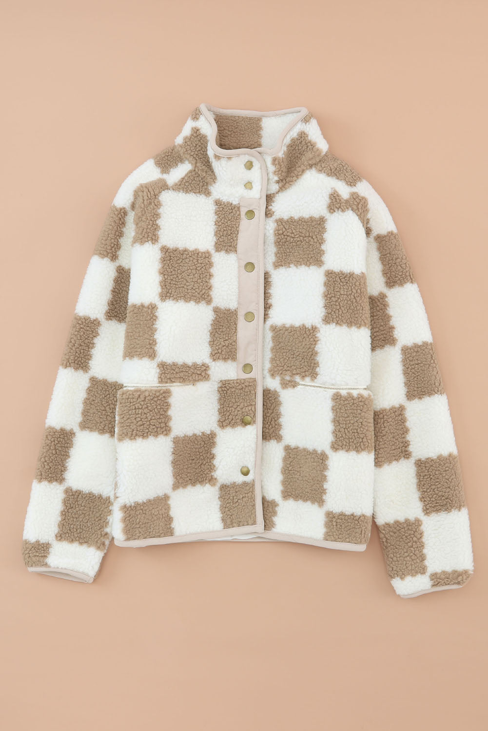Brown Checked Snap Button Sherpa Jacket - My Store