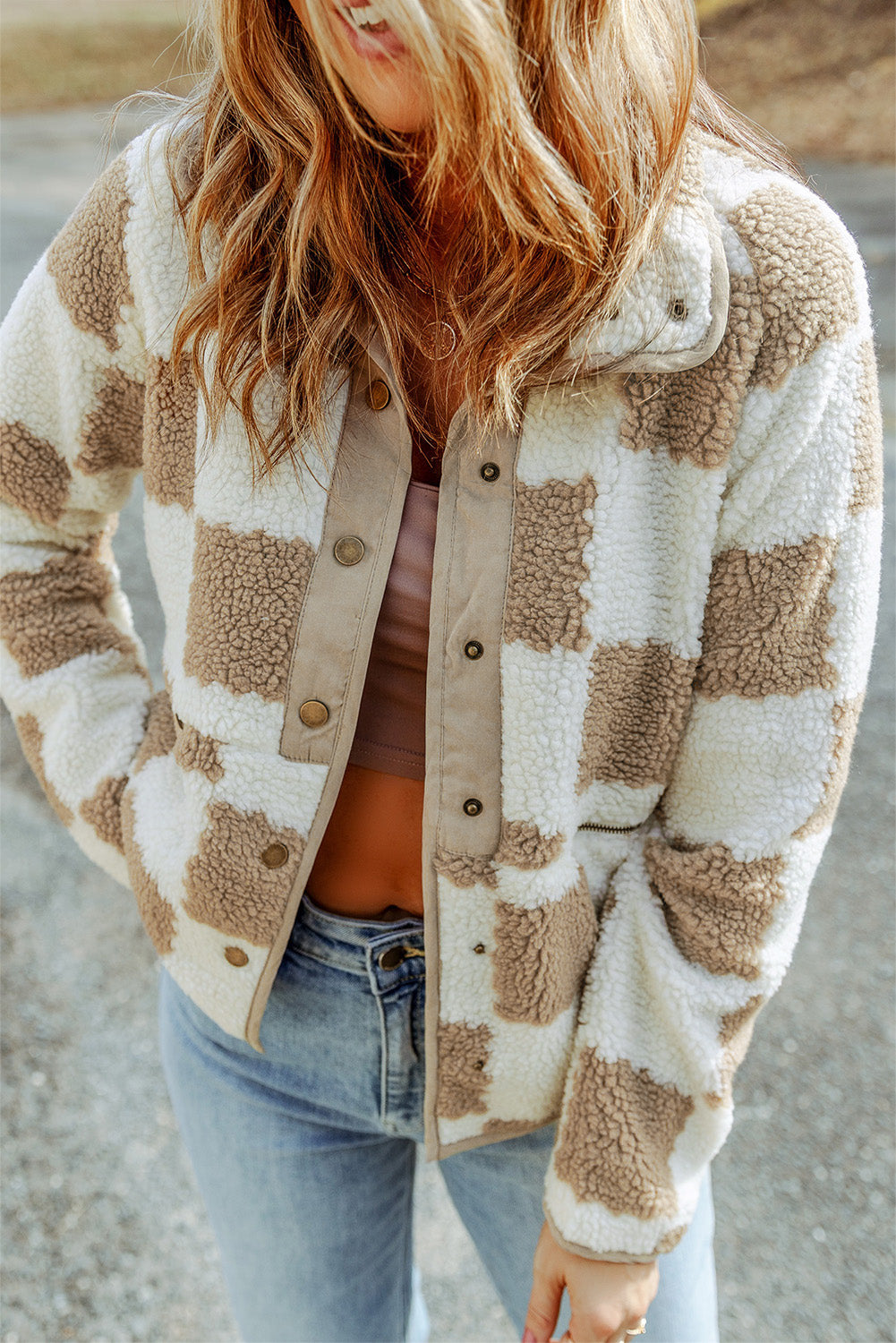 Brown Checked Snap Button Sherpa Jacket - My Store