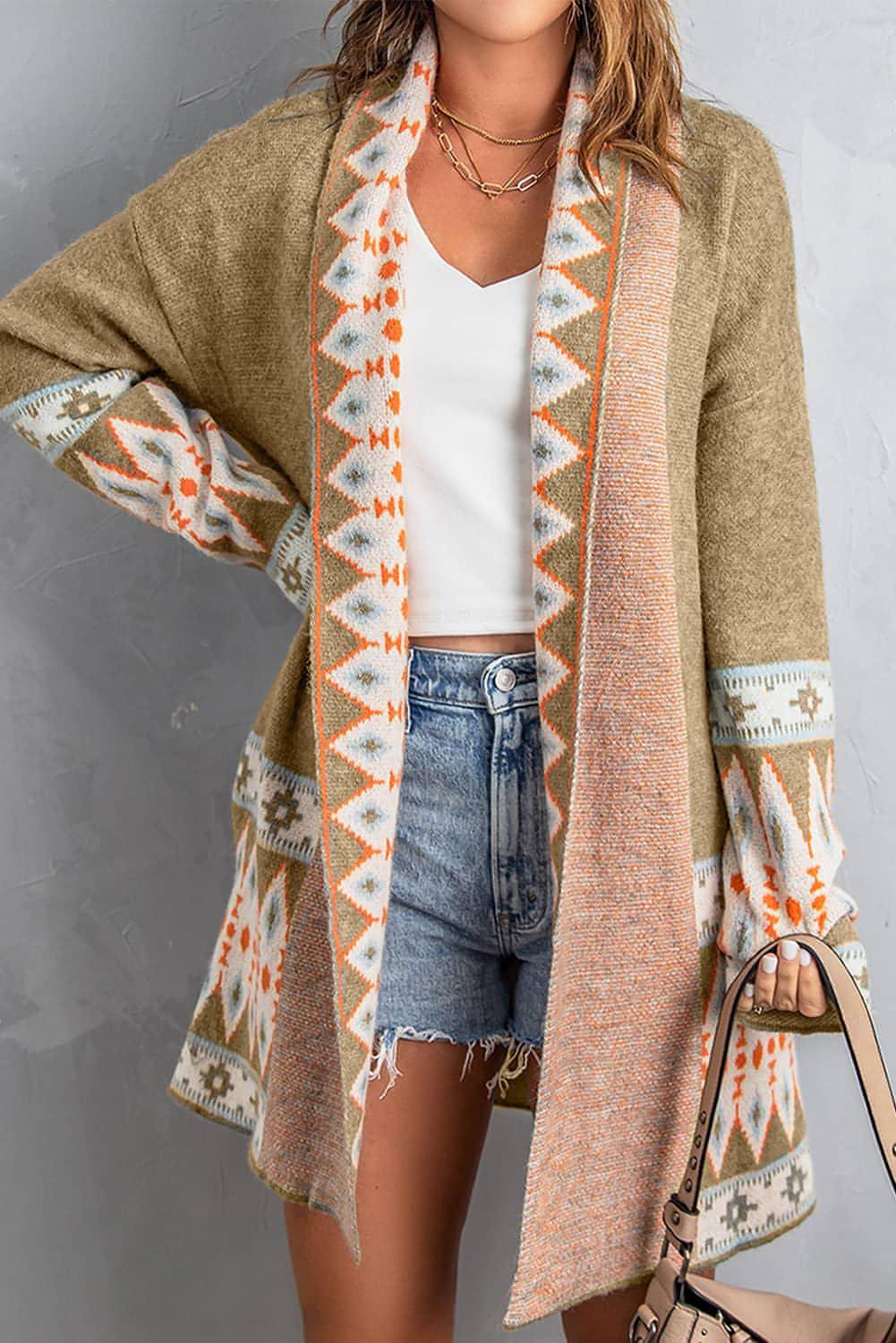 Khaki Aztec Print Open Front Knitted Cardigan - My Store