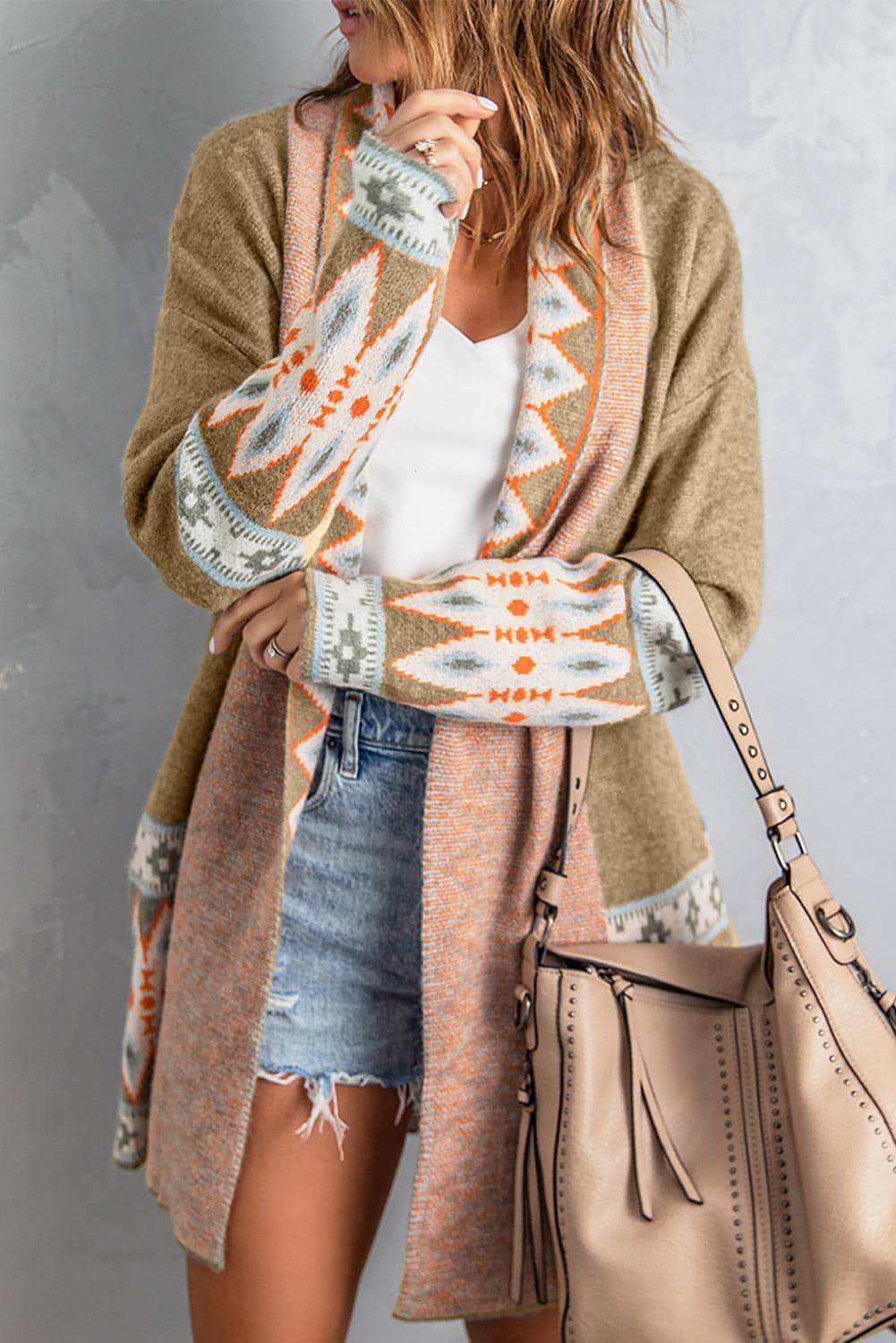 Khaki Aztec Print Open Front Knitted Cardigan - My Store